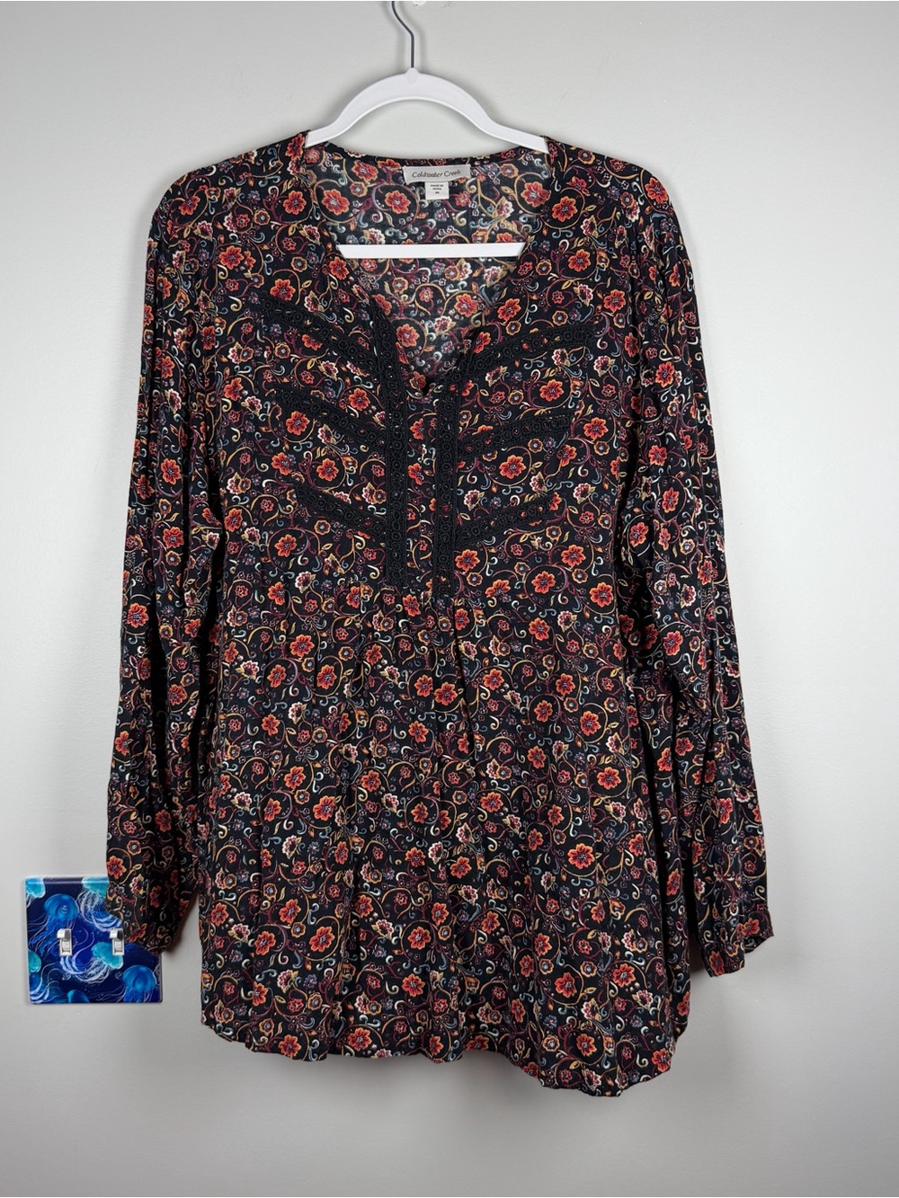 Coldwater Creek Black Red Fall Floral LS Rayon V-neck Work Blouse Top Size 1X